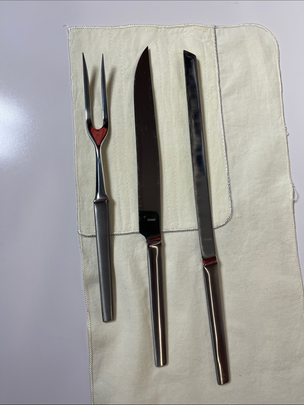 Vintage Austrian Carving Knife Set (3) in Cloth Knife Roll